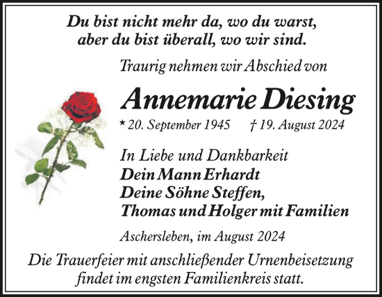 Traueranzeige von Annemarie Diesing von Trauerkombi Aschersleben