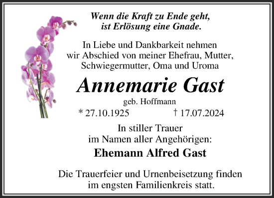 Traueranzeige von Annemarie Gast 