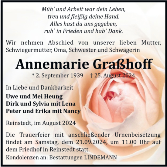 Traueranzeige von Annemarie Graßhoff von Trauerkombi Aschersleben