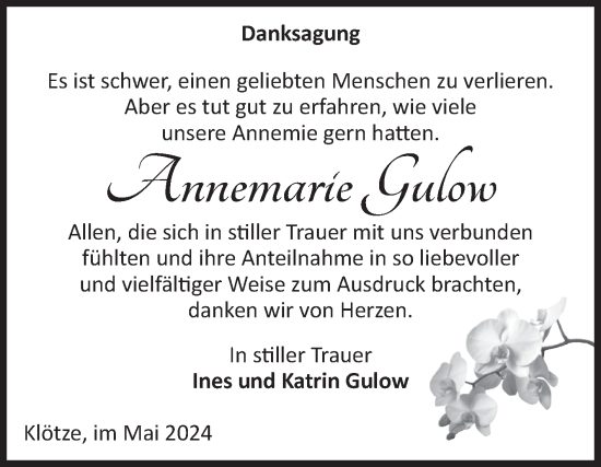 Traueranzeige von Annemarie Gulow von Volksstimme Altmark West