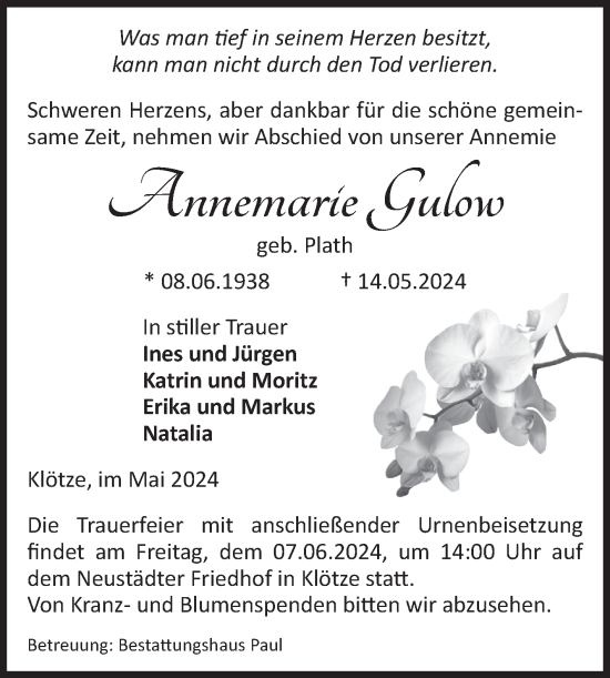 Traueranzeige von Annemarie Gulow von Volksstimme Altmark West