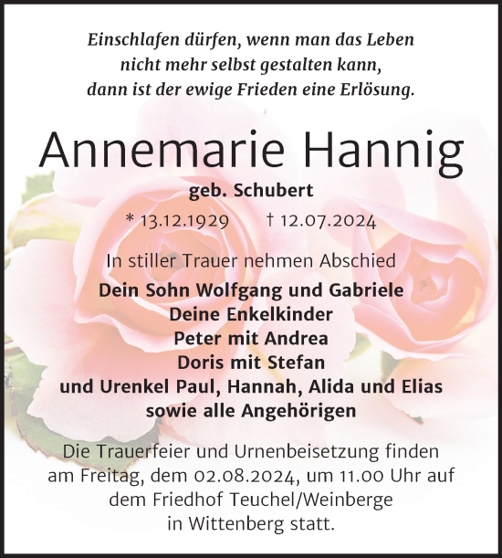 Traueranzeige von Annemarie Hannig von Trauerkombi Wittenberg
