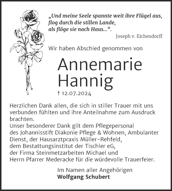 Traueranzeige von Annemarie Hannig von Trauerkombi Wittenberg