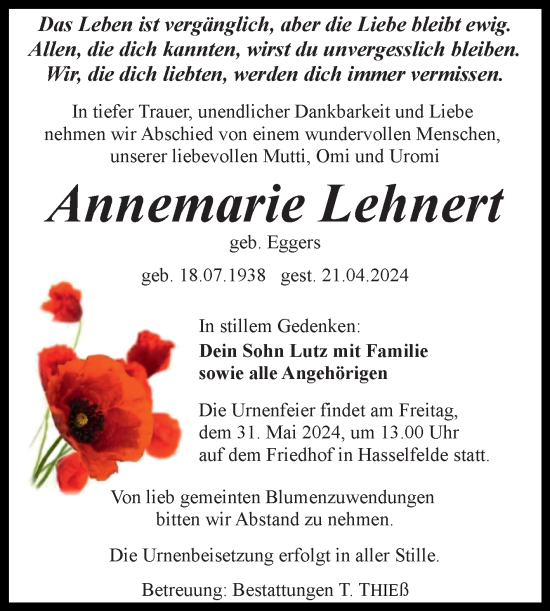 Traueranzeige von Annemarie Lehnert 