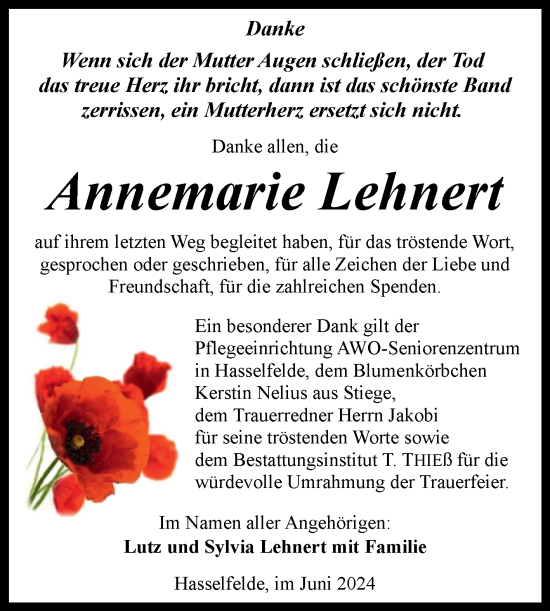 Traueranzeige von Annemarie Lehnert von Volksstimme Oschersleben/Wanzleben
