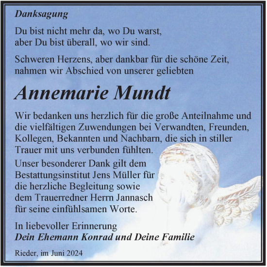 Traueranzeige von Annemarie Mundt von Trauerkombi Quedlinburg