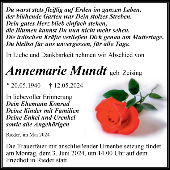 Traueranzeige von Annemarie Mundt von Trauerkombi Quedlinburg