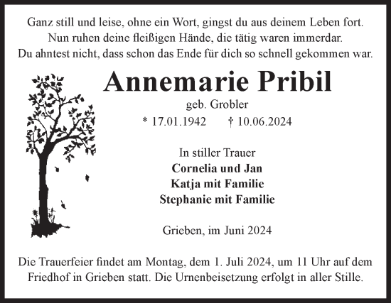 Traueranzeige von Annemarie Pribil von Volksstimme Altmark Ost