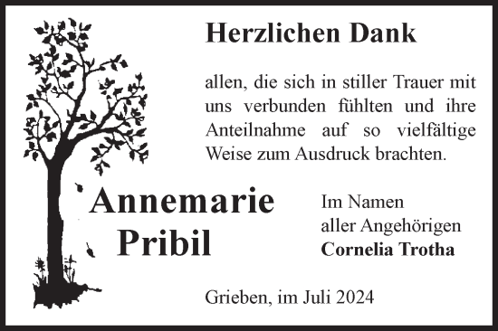 Traueranzeige von Annemarie Pribil von Volksstimme Altmark Ost