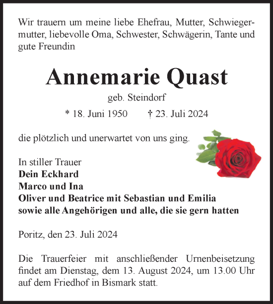 Traueranzeige von Annemarie Quast von Volksstimme Altmark Ost