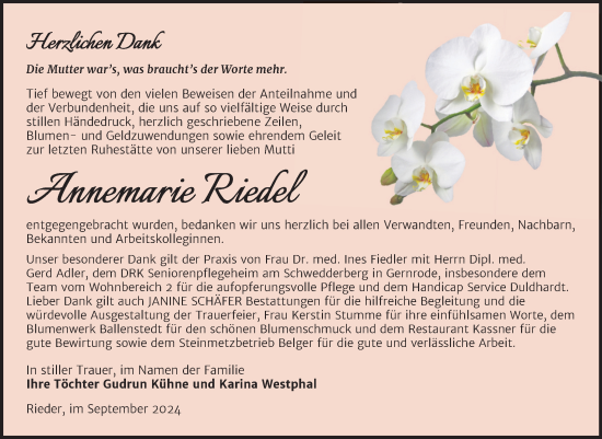 Traueranzeige von Annemarie Riedel von Trauerkombi Quedlinburg