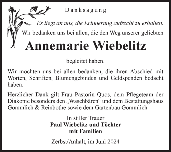 Traueranzeige von Annemarie Wiebelitz von Volksstimme Burg/Genthin