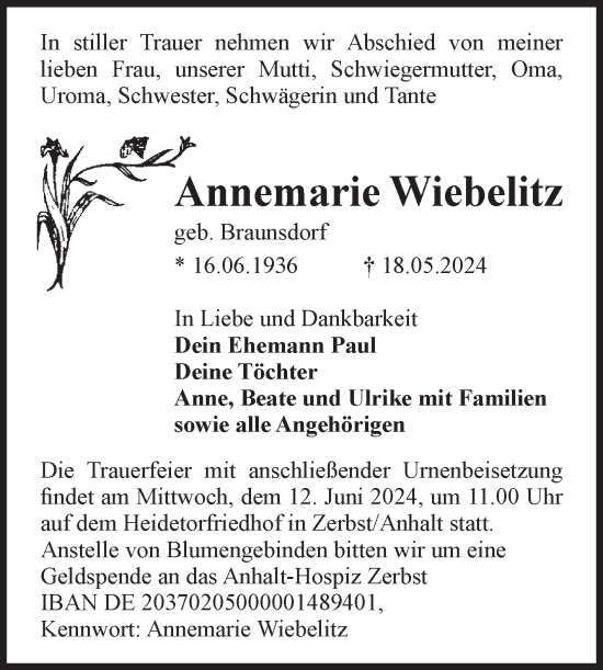 Traueranzeige von Annemarie Wiebelitz von Volksstimme Burg/Genthin