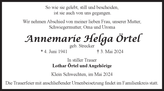 Traueranzeige von Annemarie Helga Örtel von Volksstimme Altmark Ost
