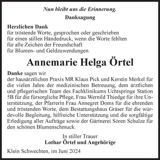 Traueranzeige von Annemarie Helga Örtel von Volksstimme Altmark Ost