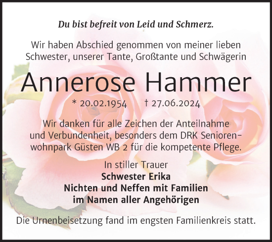 Traueranzeige von Annerose Hammer von Trauerkombi Bernburg