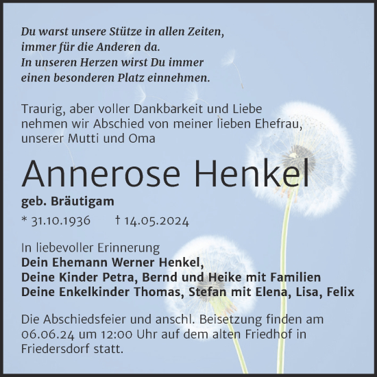 Traueranzeige von Annerose Henkel von SuperSonntag Bitterfeld