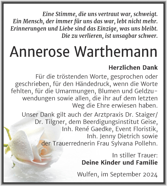 Traueranzeige von Annerose Warthemann von Trauerkombi Köthen