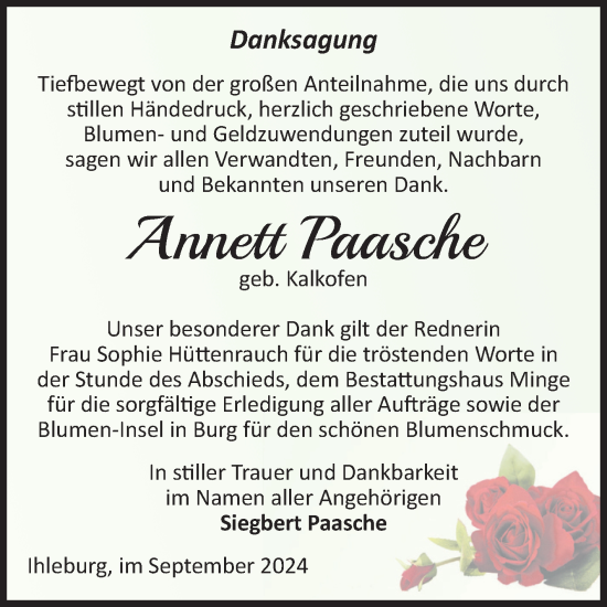 Traueranzeige von Annett Paasche von Volksstimme Burg/Genthin