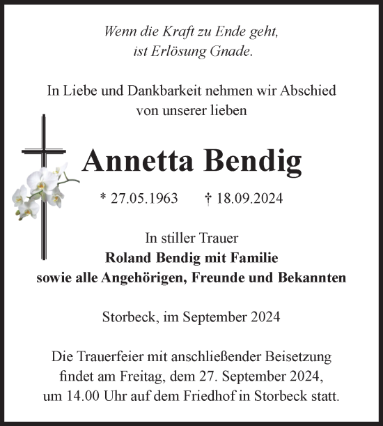 Traueranzeige von Annetta Bendig von Volksstimme Altmark Ost