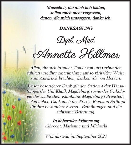 Traueranzeige von Annette Hillmer von Volksstimme Haldensleben/Wolmirstedt