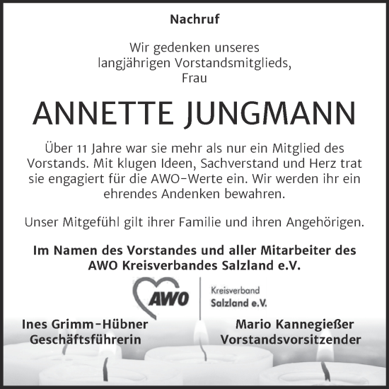 Traueranzeige von Annette Jungmann von Mitteldeutsche Zeitung Bernburg