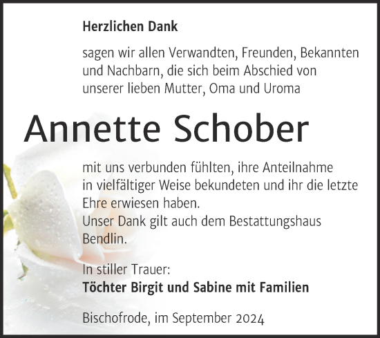 Traueranzeige von Annette Schober von Trauerkombi Mansfelder Land