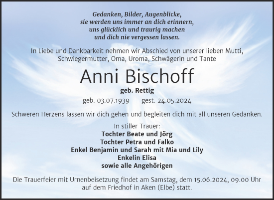 Traueranzeige von Anni Bischoff von Trauerkombi Köthen