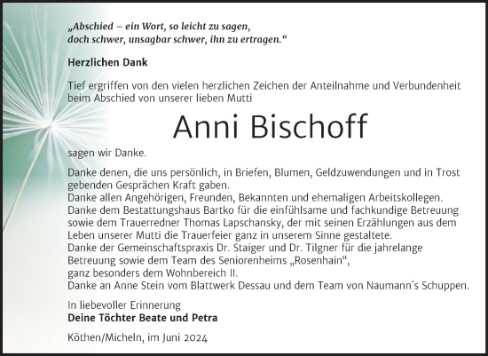 Traueranzeige von Anni Bischoff von Trauerkombi Köthen