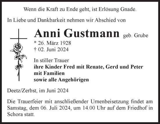 Traueranzeige von Anni Gustmann von Volksstimme Zerbst