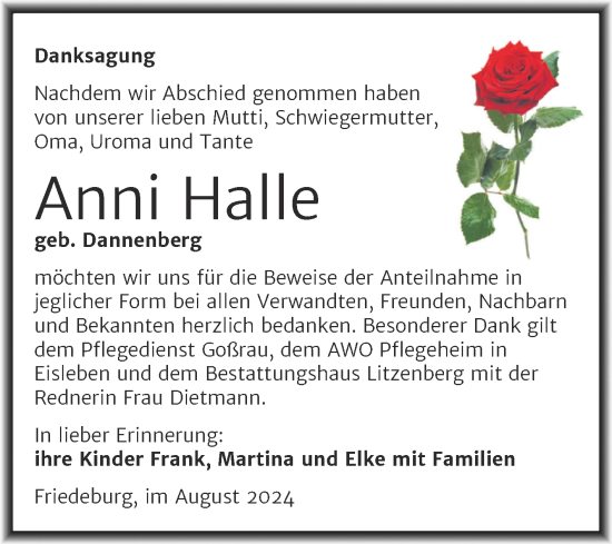 Traueranzeige von Anni Halle von Trauerkombi Mansfelder Land