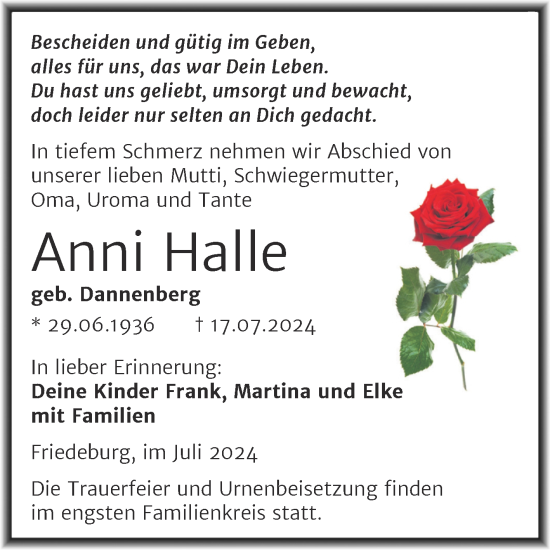 Traueranzeige von Anni Halle von Trauerkombi Mansfelder Land