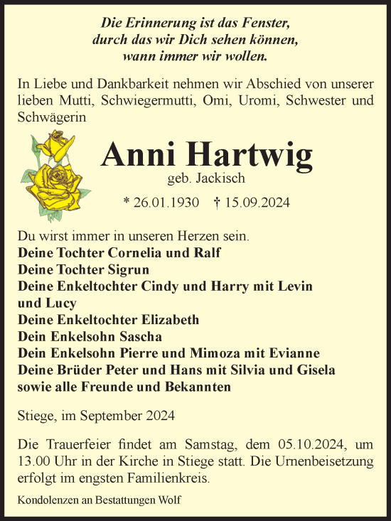Traueranzeige von Anni Hartwig von Volksstimme Wernigerode