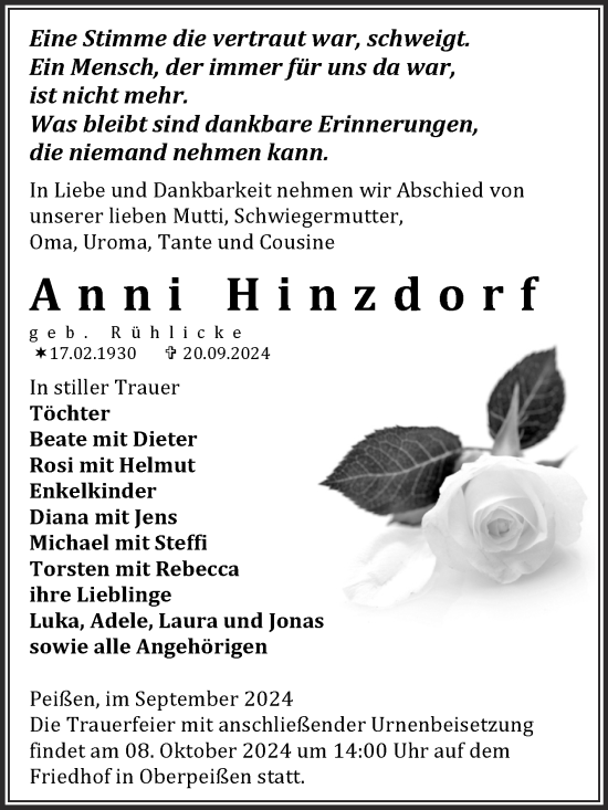 Traueranzeige von Anni Hinzdorf von Trauerkombi Bernburg