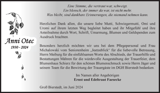 Traueranzeige von Anni Otec von Volksstimme Altmark West