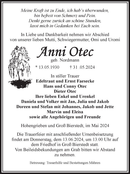 Traueranzeige von Anni Otec von Volksstimme Altmark West