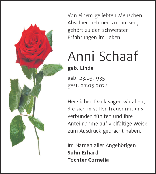Traueranzeige von Anni Schaaf von Trauerkombi Merseburg