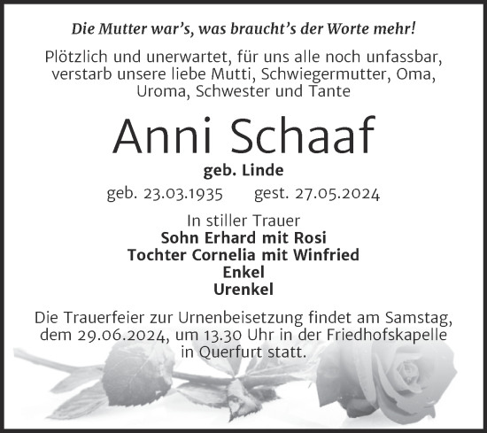 Traueranzeige von Anni Schaaf von Trauerkombi Merseburg