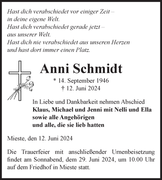 Traueranzeige von Anni Schmidt von Volksstimme Altmark West