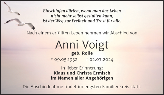 Traueranzeige von Anni Voigt von Trauerkombi Aschersleben