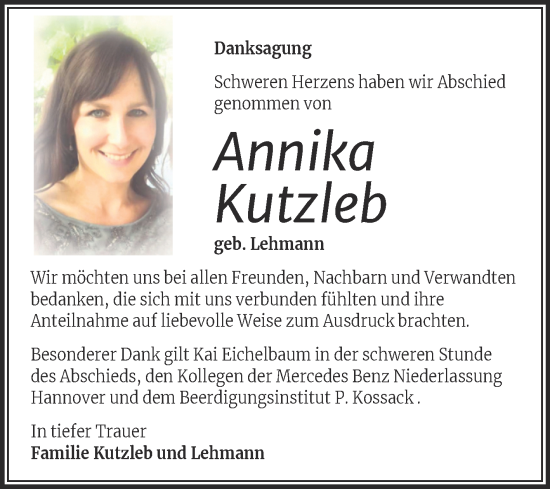 Traueranzeige von Annika Kutzleb von Trauerkombi Wittenberg