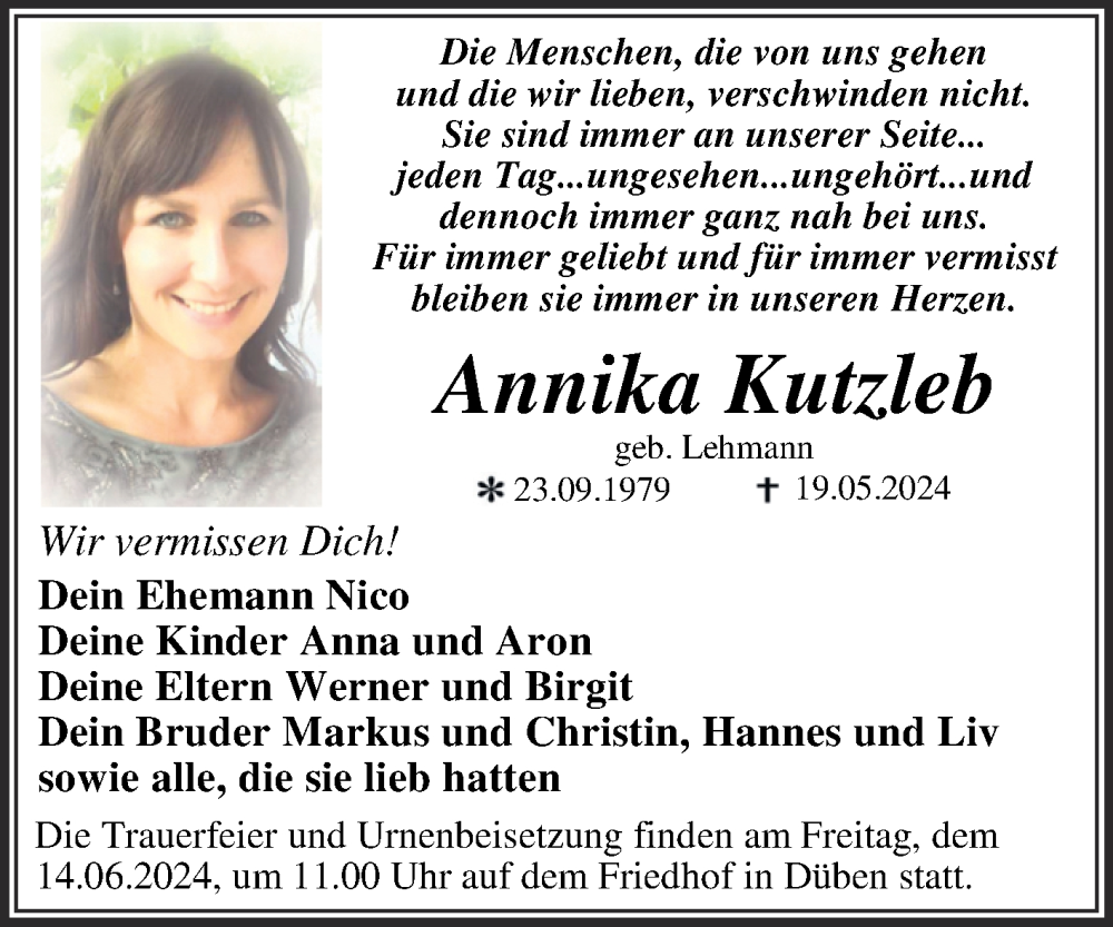  Traueranzeige für Annika Kutzleb vom 08.06.2024 aus Trauerkombi Wittenberg