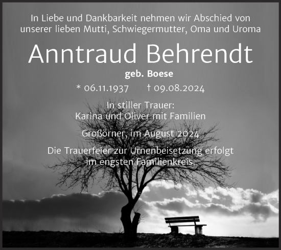 Traueranzeige von Anntraud Behrendt von Trauerkombi Mansfelder Land