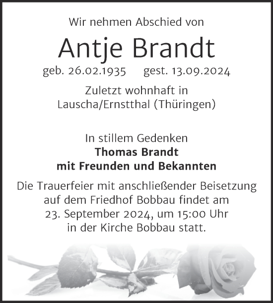 Traueranzeige von Antje Brandt von Mitteldeutsche Zeitung Bitterfeld