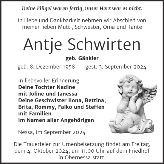 Traueranzeige von Antje Schwirten von Trauerkombi Weißenfels