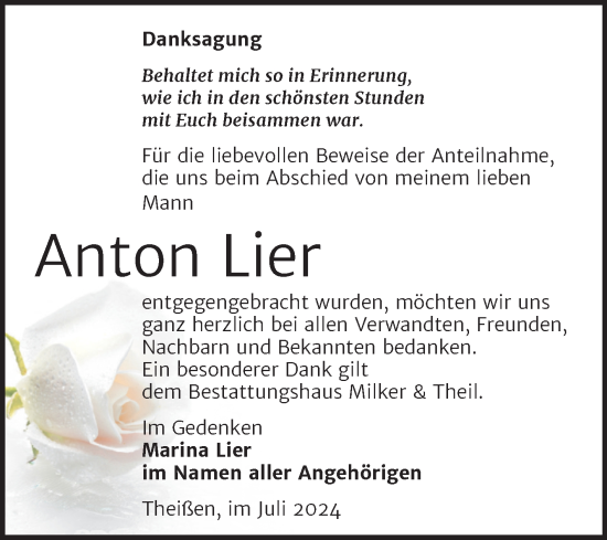 Traueranzeige von Anton Lier von Trauerkombi Zeitz