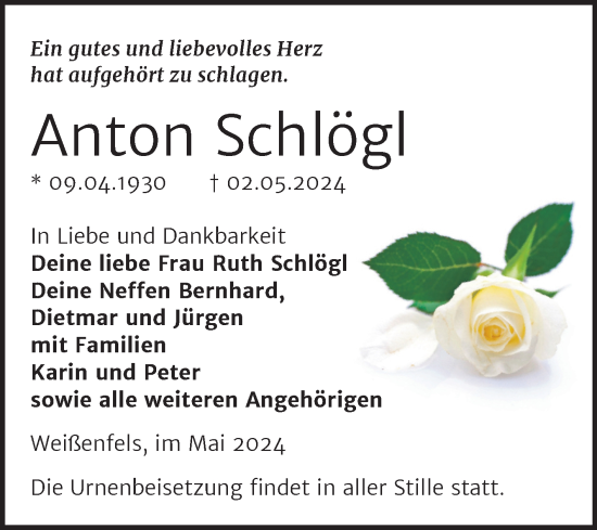 Traueranzeige von Anton Schlögl von Trauerkombi Weißenfels