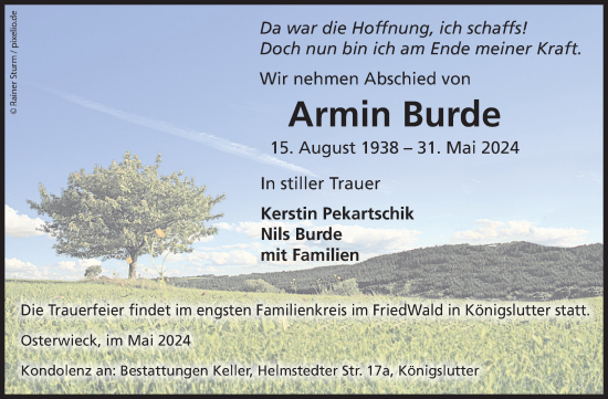 Traueranzeige von Armin Burde von Volksstimme Halberstadt
