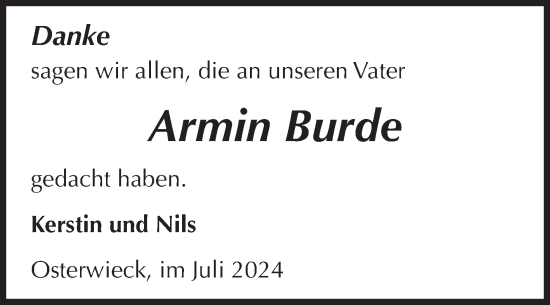 Traueranzeige von Armin Burde von Volksstimme Halberstadt
