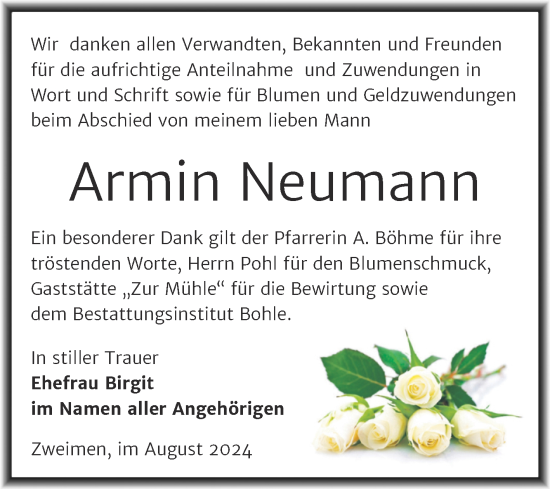 Traueranzeige von Armin Neumann von Trauerkombi Merseburg